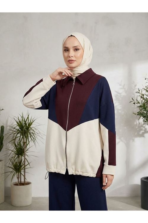 PİT00541-BRD Garni Detay Fermuarlı Pantolonlu Takım-Bordo