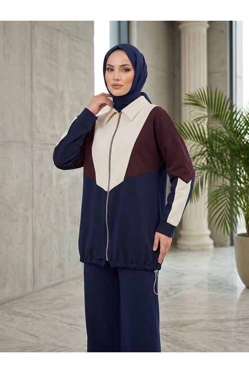 PİT00541-KRM Garni Detay Fermuarlı Pantolonlu Takım-Krem