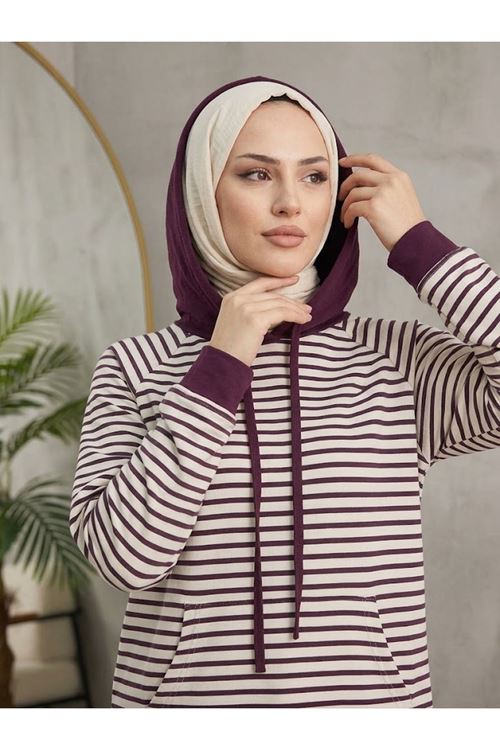 TUN06005-MRD Kapşonlu Çizgili Tunik-Mürdüm