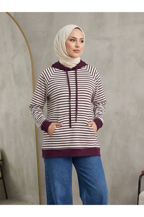 TUN06005-MRD Kapşonlu Çizgili Tunik-Mürdüm