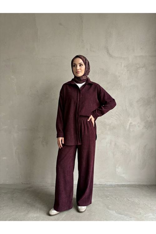 PİT00545-BRD Denim Modal Pantolonlu Takım-Bordo