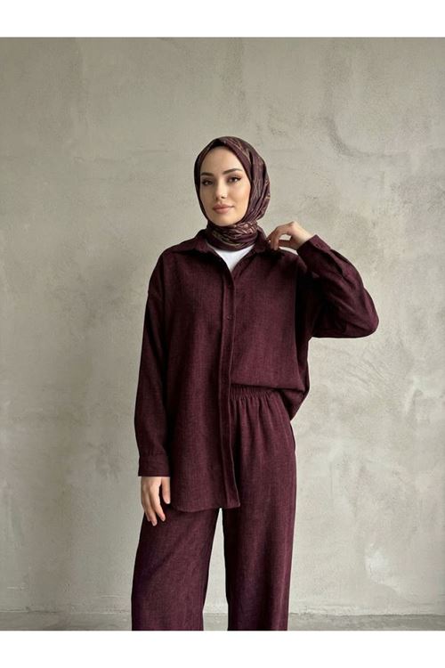 PİT00545-BRD Denim Modal Pantolonlu Takım-Bordo