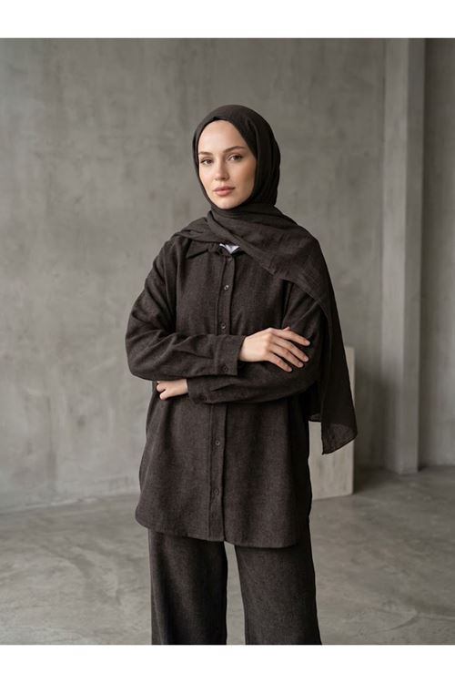 PİT00545-KHV Denim Modal Pantolonlu Takım-Kahve