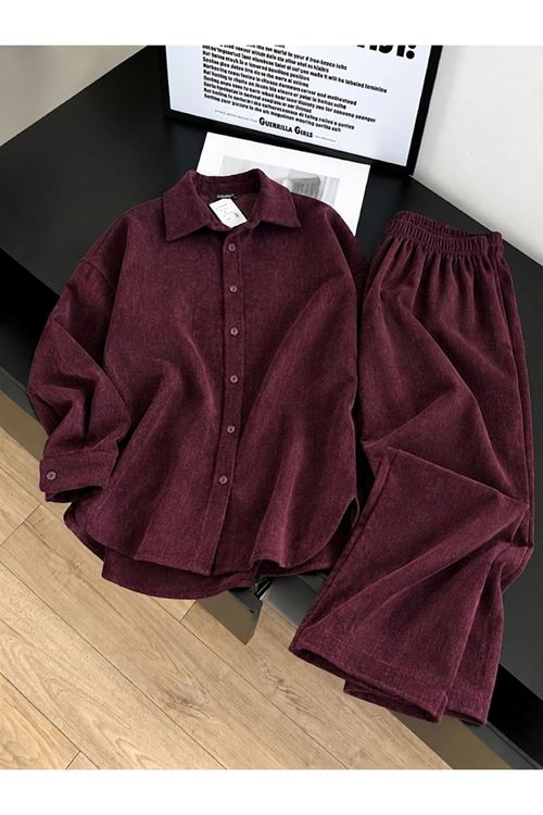 PİT00545-BRD Denim Modal Pantolonlu Takım-Bordo
