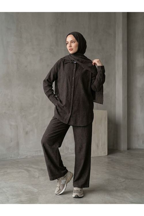 PİT00545-KHV Denim Modal Pantolonlu Takım-Kahve