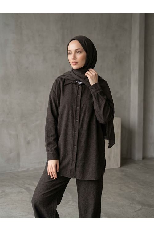 PİT00545-KHV Denim Modal Pantolonlu Takım-Kahve