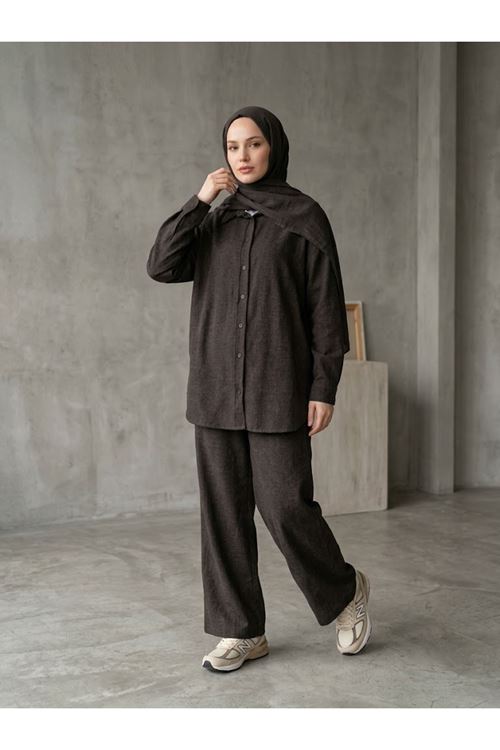 PİT00545-KHV Denim Modal Pantolonlu Takım-Kahve