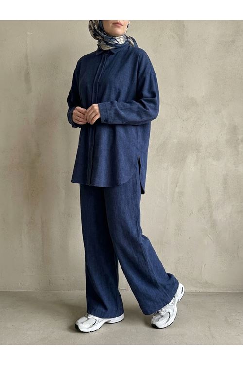 PİT00545-MAV Denim Modal Pantolonlu Takım-Mavi