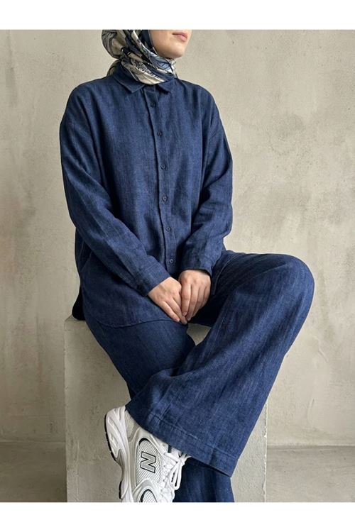 PİT00545-MAV Denim Modal Pantolonlu Takım-Mavi
