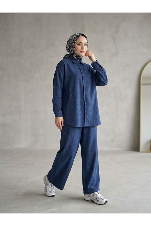 PİT00545-MAV Denim Modal Pantolonlu Takım-Mavi