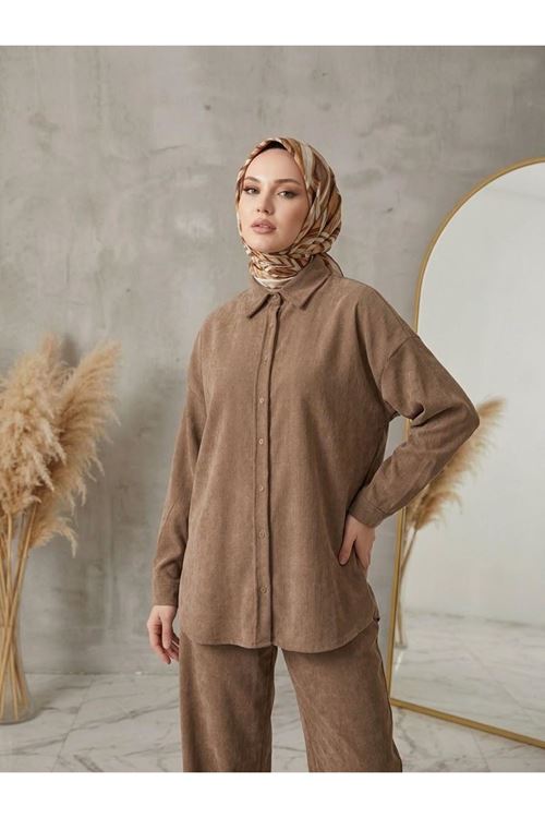 PİT00545-VİZ Denim Modal Pantolonlu Takım-Vizon