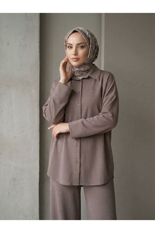 PİT00548-P102 Roba Detay Panolonlu Takım-Açık Kahve