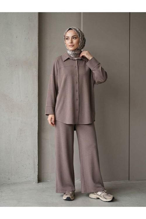 PİT00548-P102 Roba Detay Panolonlu Takım-Açık Kahve