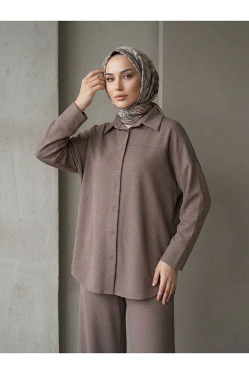 PİT00548-P102 Roba Detay Panolonlu Takım-Açık Kahve