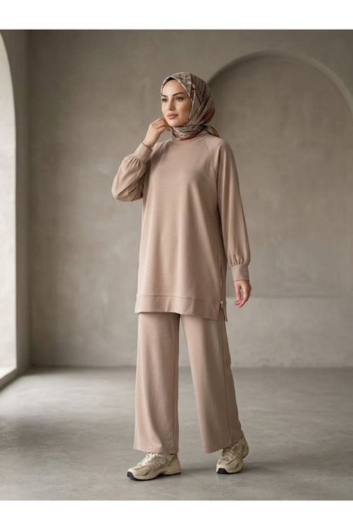 PİT00529-BEJ İki Yan Fermuar Detay Reglan Kol Pantolonlu Takım-Bej