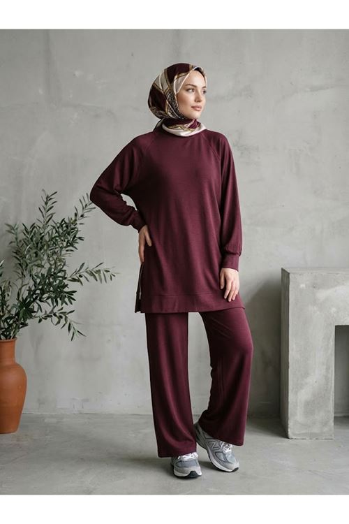 PİT00529-BRD İki Yan Fermuar Detay Reglan Kol Pantolonlu Takım-Bordo