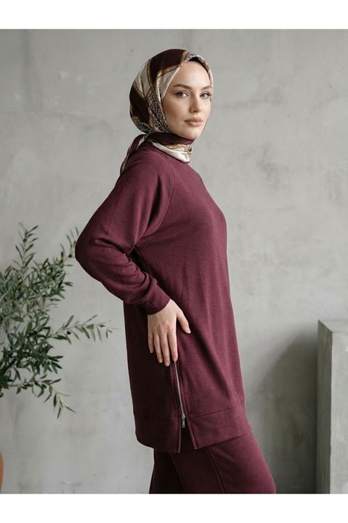 PİT00529-BRD İki Yan Fermuar Detay Reglan Kol Pantolonlu Takım-Bordo