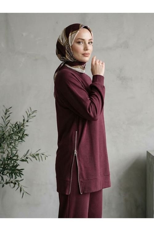 PİT00529-BRD İki Yan Fermuar Detay Reglan Kol Pantolonlu Takım-Bordo
