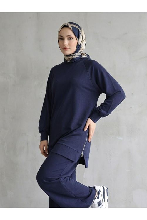 PİT00529-LCV İki Yan Fermuar Detay Reglan Kol Pantolonlu Takım-Lacivert