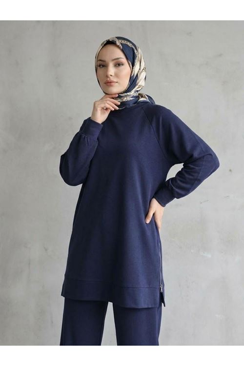 PİT00529-LCV İki Yan Fermuar Detay Reglan Kol Pantolonlu Takım-Lacivert