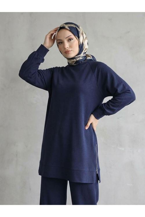 PİT00529-LCV İki Yan Fermuar Detay Reglan Kol Pantolonlu Takım-Lacivert