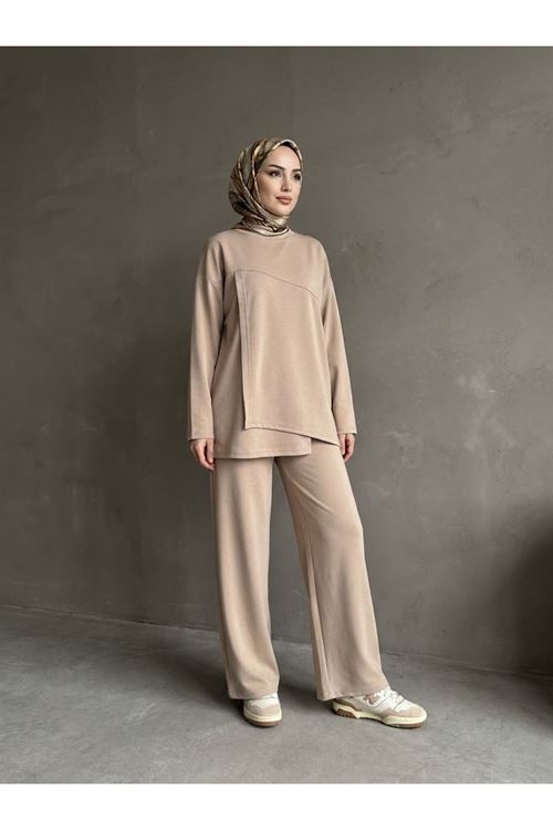 PİT00546-BEJ Ön Hareket Detay Pantolonlu Takım-Bej