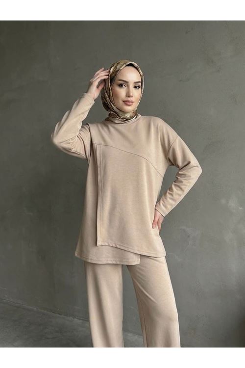 PİT00546-BEJ Ön Hareket Detay Pantolonlu Takım-Bej