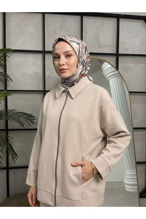 CKT01795-TAŞ Cep Detay Fermuarlı Ceket-Taş