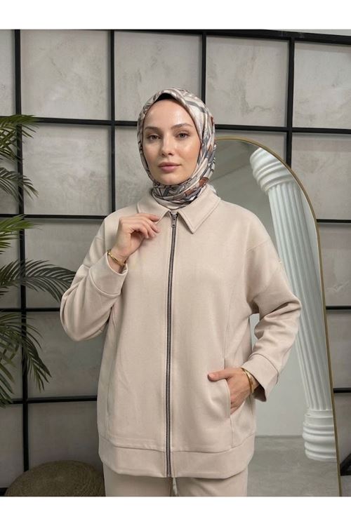CKT01795-TAŞ Cep Detay Fermuarlı Ceket-Taş