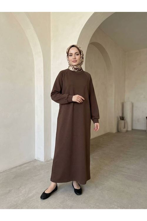 ELB04176-P102 Reglan Kol Oysh Elbise-Açık Kahve