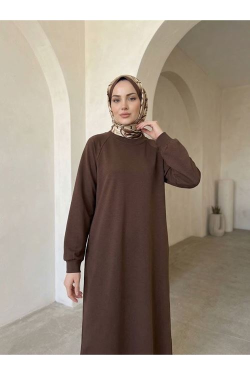 ELB04176-P102 Reglan Kol Oysh Elbise-Açık Kahve