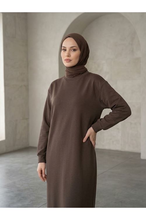 ELB04177-KHV Manşet Detay Oysh Elbise-Kahve