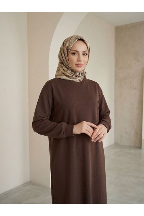 ELB04177-P102 Manşet Detay Oysh Elbise-Açık Kahve