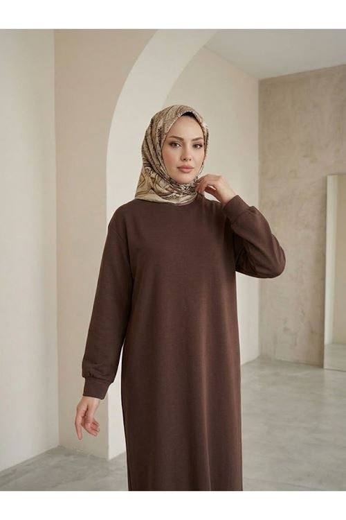 ELB04177-P102 Manşet Detay Oysh Elbise-Açık Kahve