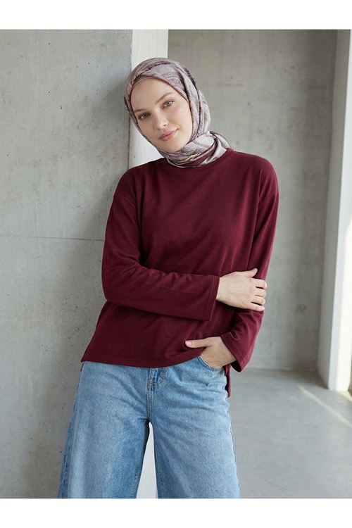 TUN06004-BRD Yırtmaçlı Oysho Tunik-Bordo