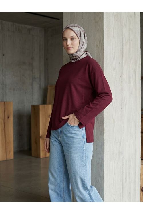 TUN06004-BRD Yırtmaçlı Oysh Tunik-Bordo
