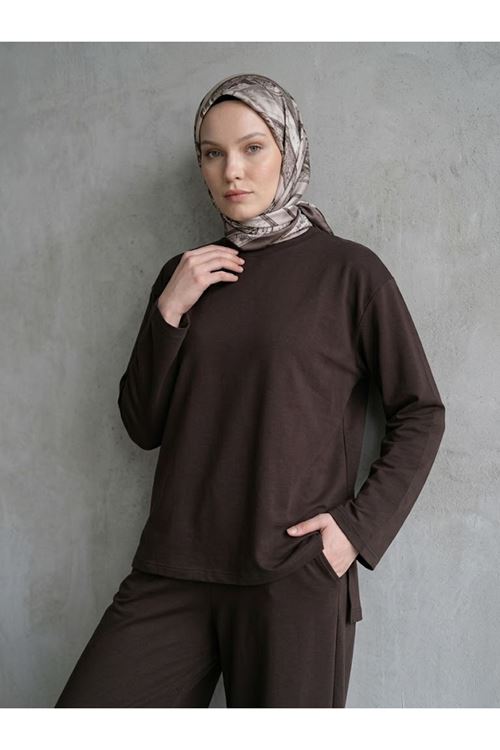 TUN06004-KHV Yırtmaçlı Oysho Tunik-Kahve