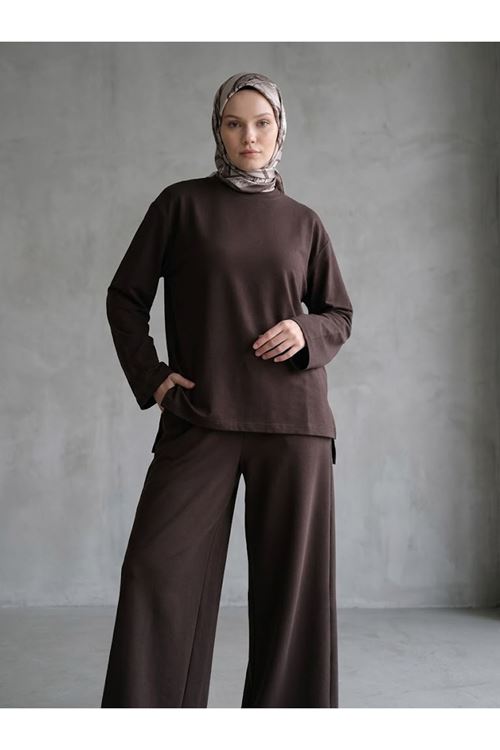 TUN06004-KHV Yırtmaçlı Oysh Tunik-Kahve