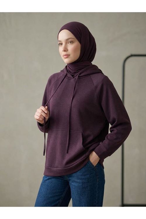 TUN06010-BRD Kapşonlu Kanguru Cep Oysh Tunik-Bordo