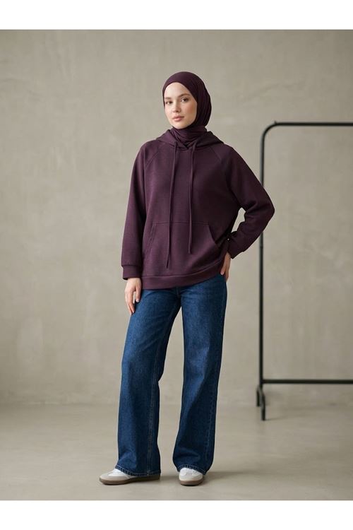 TUN06010-BRD Kapşonlu Kanguru Cep Oysh Tunik-Bordo