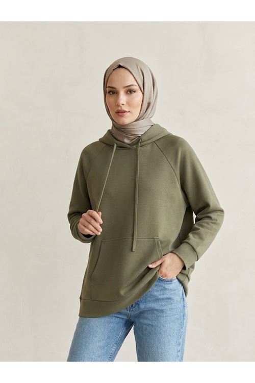 TUN06010-HKİ Kapşonlu Kanguru Cep Oysh Tunik-Haki
