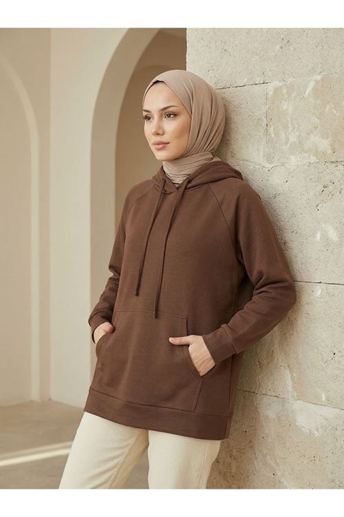 TUN06010-P102 Kapşonlu Kanguru Cep Oysh Tunik-Açık Kahve