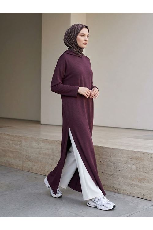 ELB04175-BRD Kapşonlu Yan Yırtmaçlı Pike Elbise-Bordo
