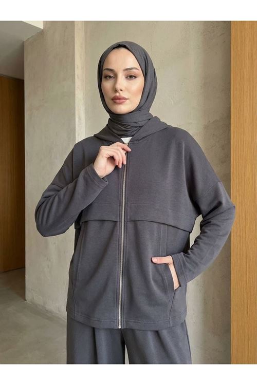 PİT00547-ANT Kanguru Cep Pileli Pantolonlu Takım-Antrasit