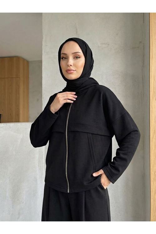 PİT00547-SYH Kanguru Cep Pileli Pantolonlu Takım-Siyah