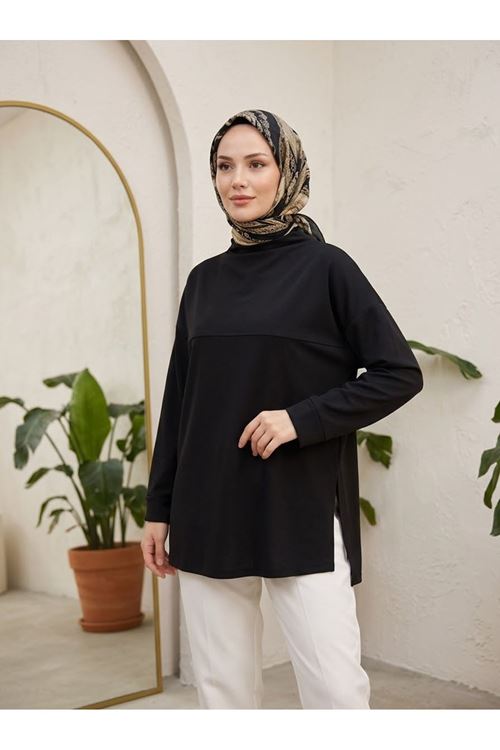 TUN06008-SYH Yarım Yaka Ön Robalı Yırtmaçlı Tunik-Siyah