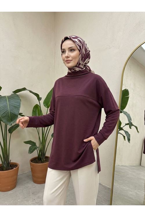 TUN06008-BRD Yarım Yaka Ön Robalı Yırtmaçlı Tunik-Bordo