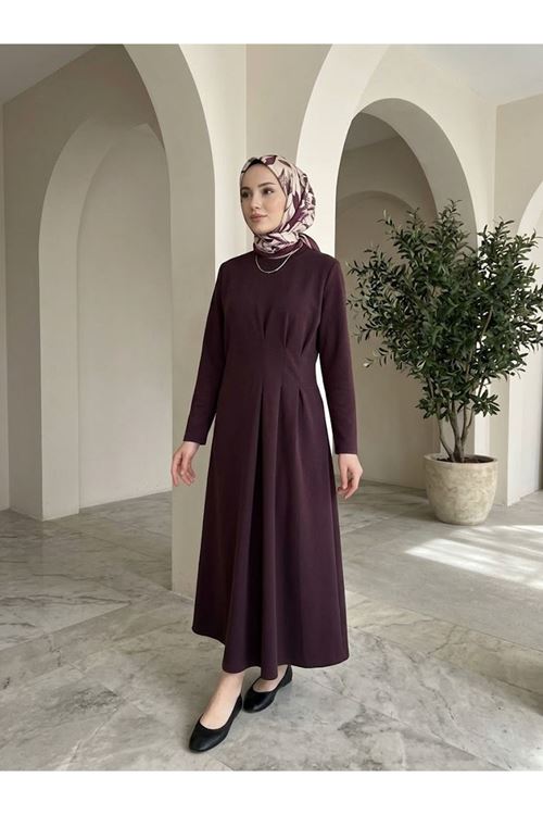 ELB04179-BRD Derin Üç Pileli Elbise-Bordo