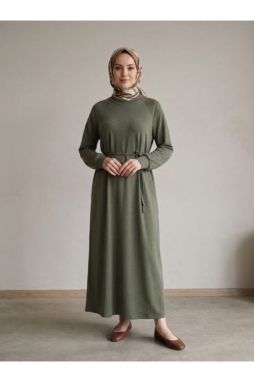ELB04173-HKİ Reglan Kol Pike Elbise-Haki
