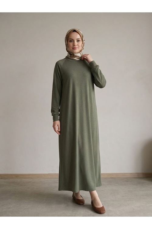 ELB04173-HKİ Reglan Kol Pike Elbise-Haki